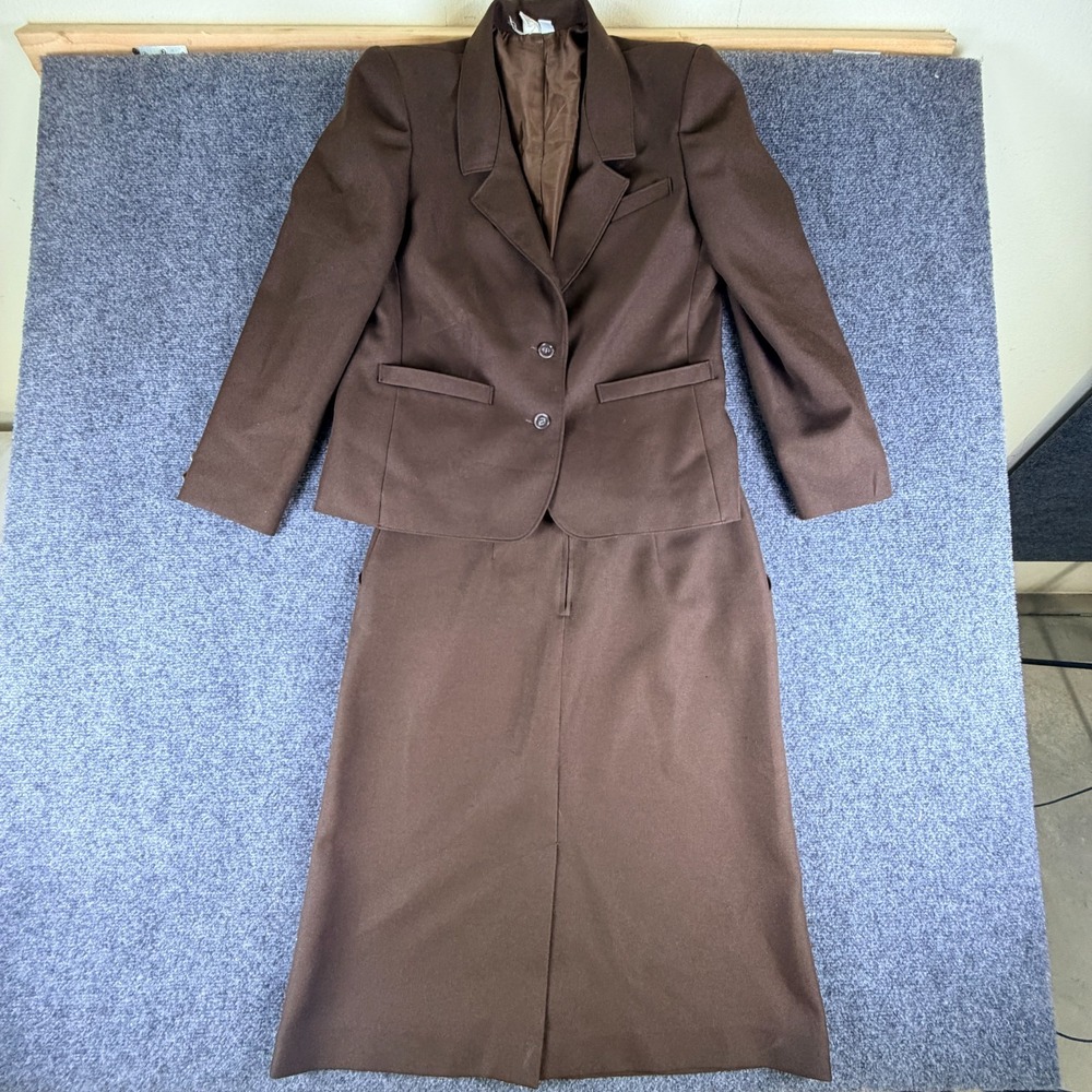 Sears Two Piece Skirt Suit Set Womens 12/14 Brown Perma Prest Notch Lapel Slit